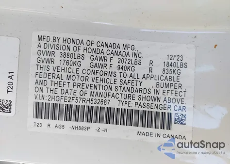 2024 Honda Civic Sport z USA, uszkodzony, nr VIN 2HGFE2F57RH532687